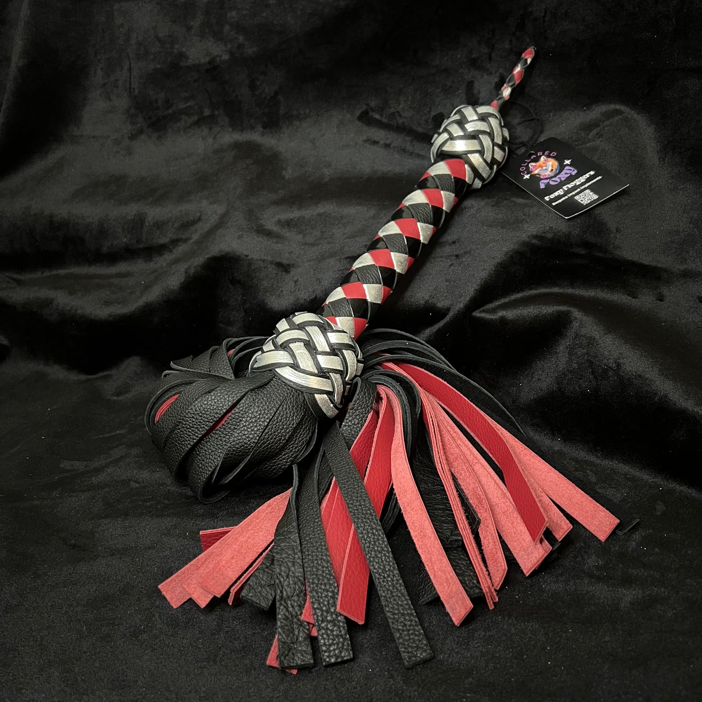 Medium Red, Black and Silver Cowhide Leather Flogger