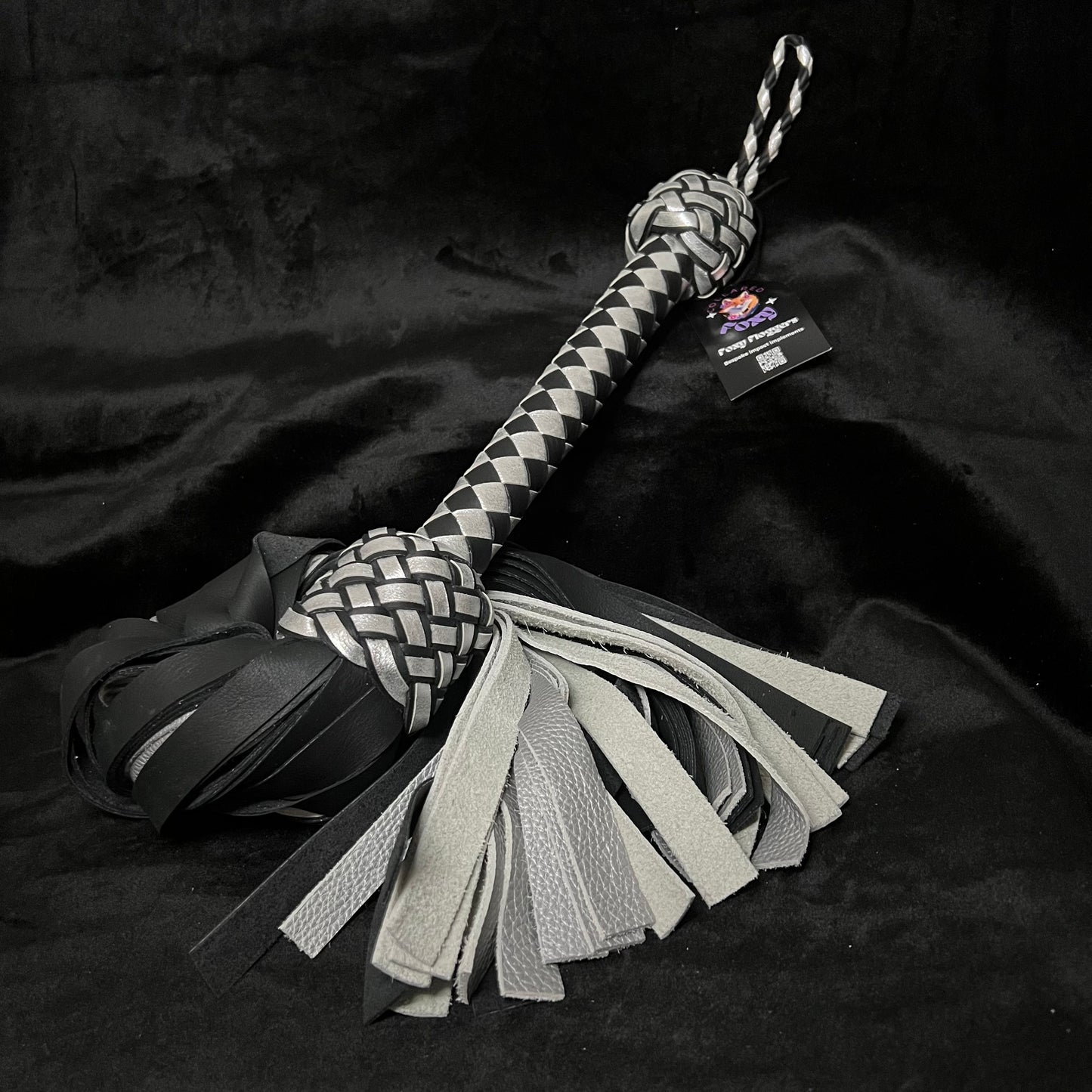 Large Black Grunge and Silver Cowhide Leather Flogger
