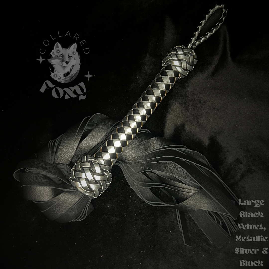 Large Black Velvet Cowhide Leather and Silver Flogger