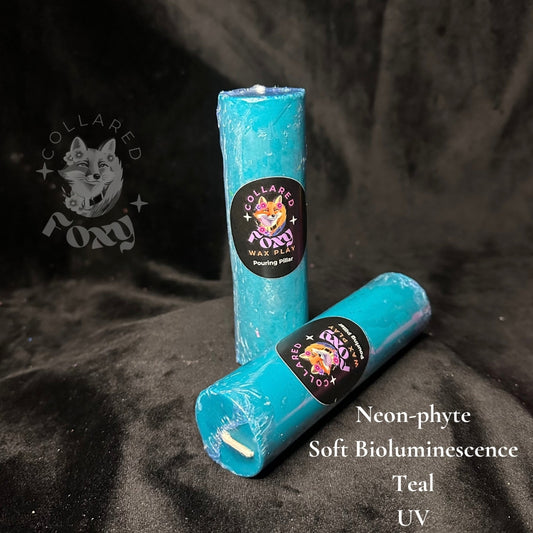 Soft Bioluminescence teal Neon-phyte pouring pillar candles on black velvet with Neon-phyte label
