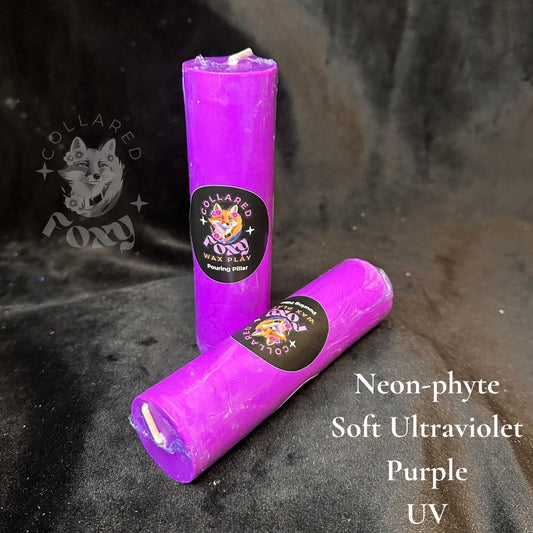 Soft Ultraviolet purple Neon-phyte pouring pillar candles on black velvet with Neon-phyte label