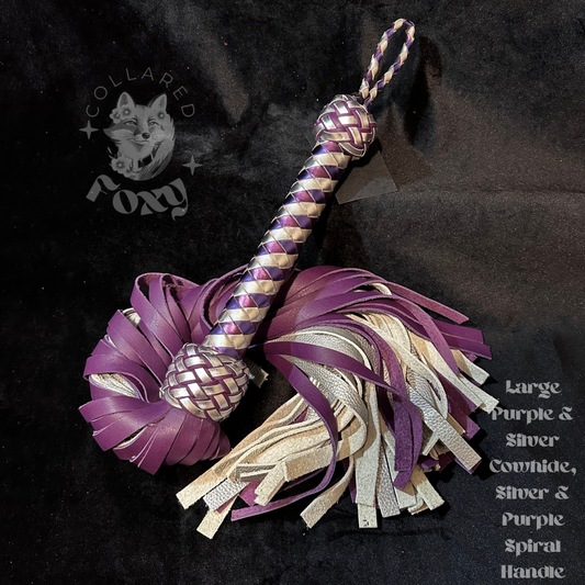 Large Purple and Silver Cowhide Leather Flogger