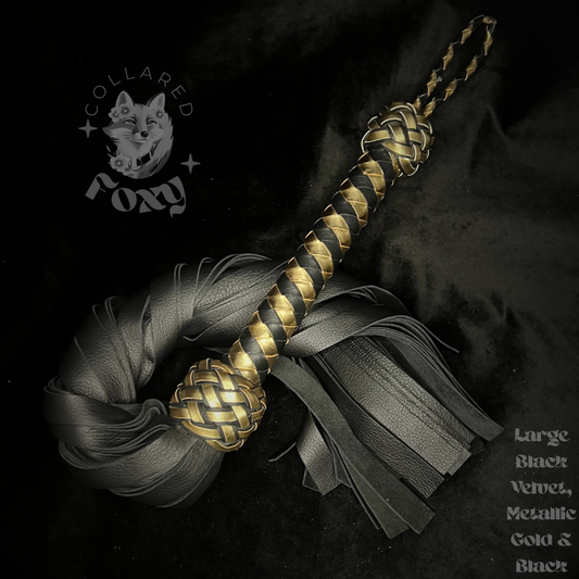 Large Black Velvet Cowhide Leather and Gold Spiral Flogger