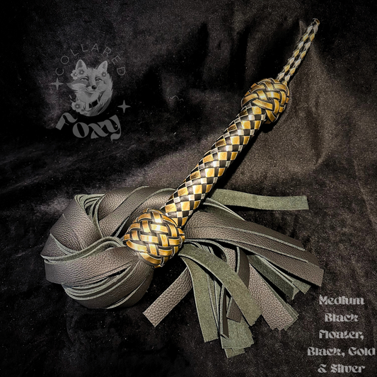 Gold Standard Black Floater Cowhide Leather Flogger – Black, Gold and Silver